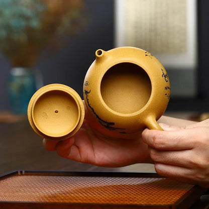 Handmade Yixing Kettle Raw Ore Duan Mud Teapot Birds Pattern Golden Tea Pot