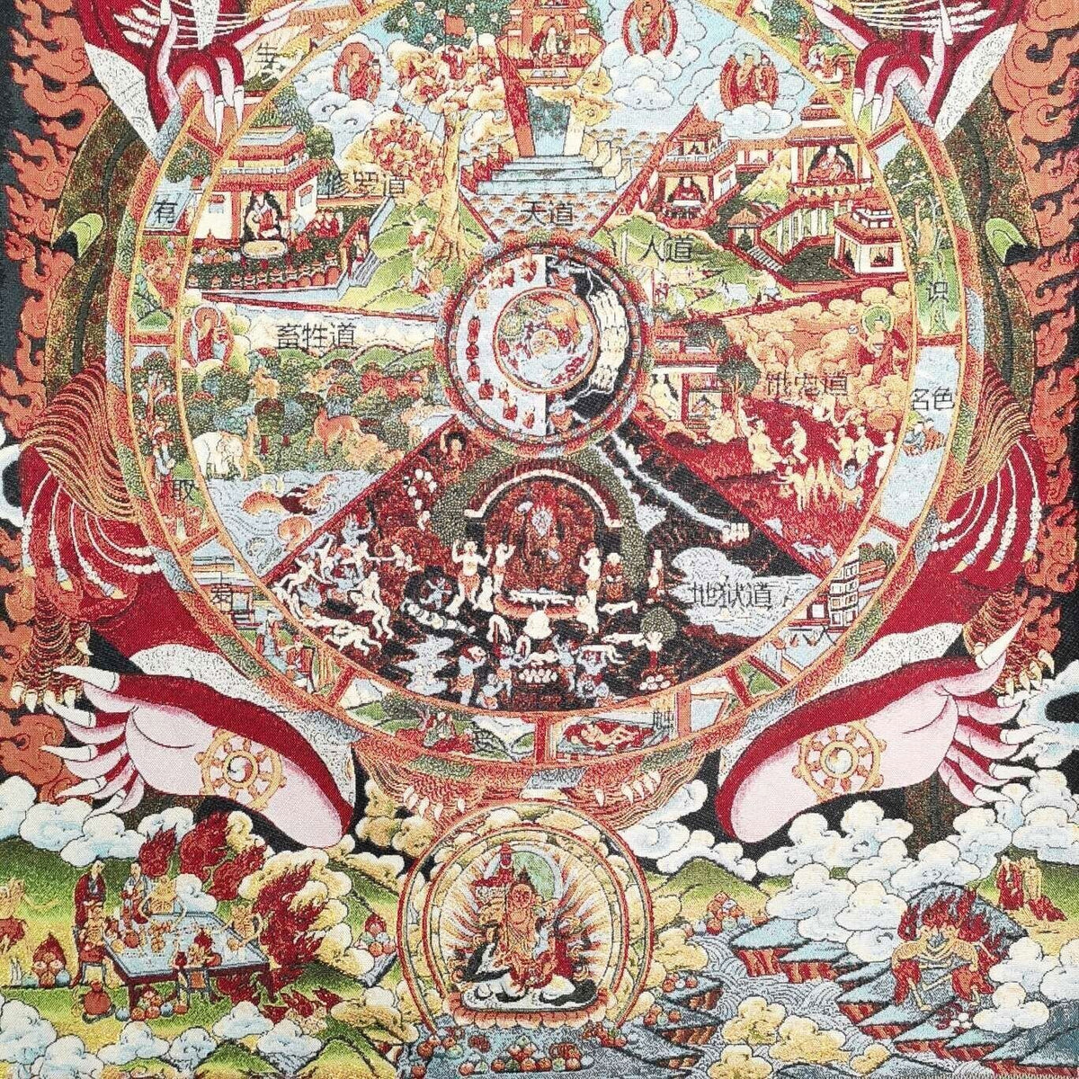 35.4" Tibet Cloth Embroidery Six realms wheel of life Tangka Mural Statue