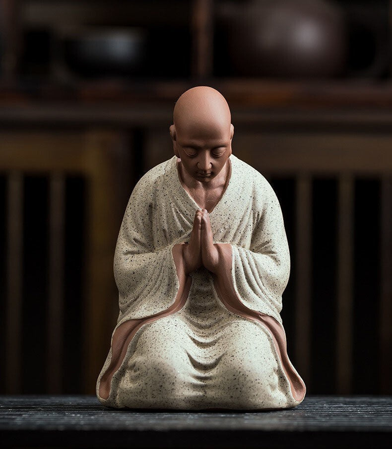 Chinese Zi Sha Clay Praying Monk Statue Kneeling Buddhist Figure Zen Collection