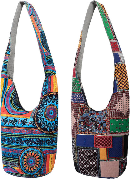 Handmade Bohemian Hippie Crossbody Bag Purse Cotton and Linen Sling Women 2 Pcs