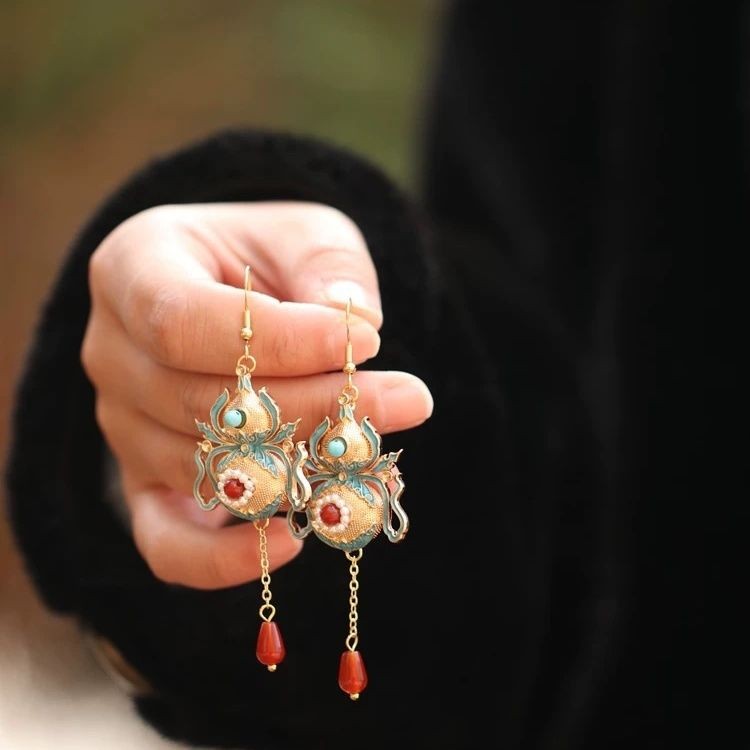 Vintage Chinese Gourd Earrings Red Agate Qipao Wedding Tassel Drops