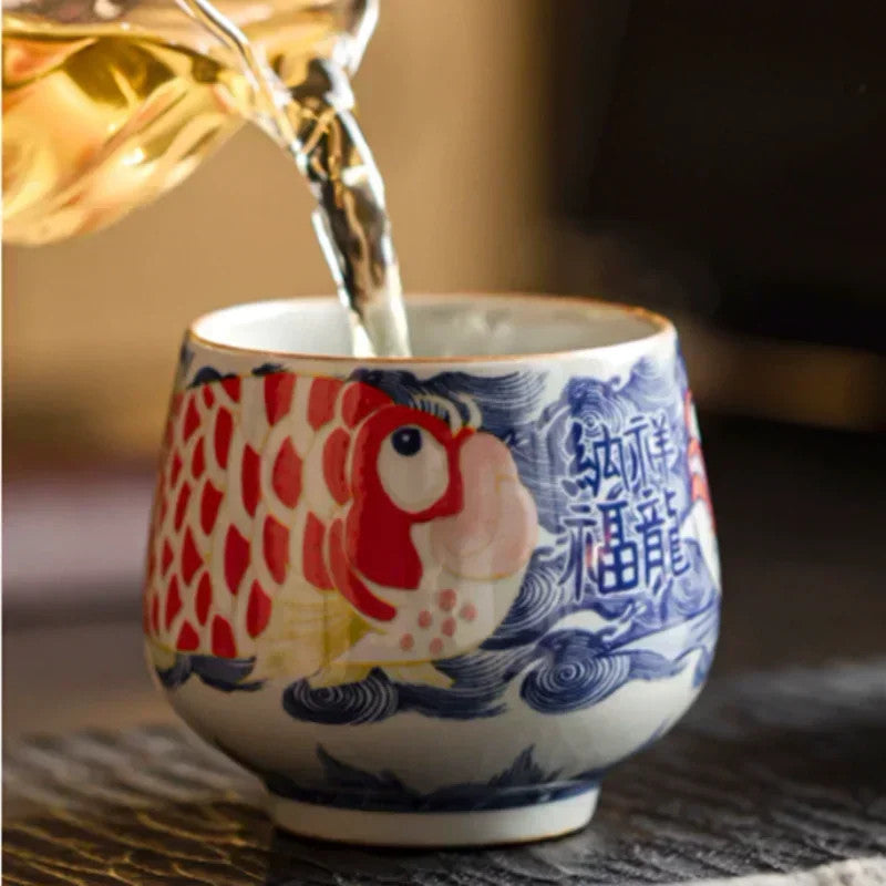 120ml Chinese Blue and White Ceramic Handpainted Koi Fish Tea Cup Master Cup