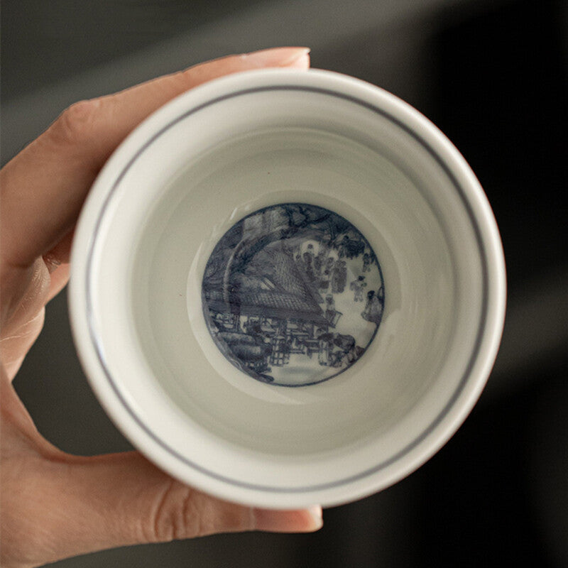 Chinese Ancinent Painting Blue and White Ceramic Solid Wine Mugs Tea Ceremony