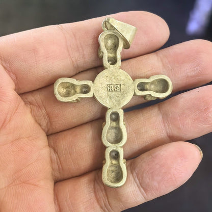 Tibetan Old Collection Antique Skull Cross Inlaid Gemstone Pendant Retro Gift