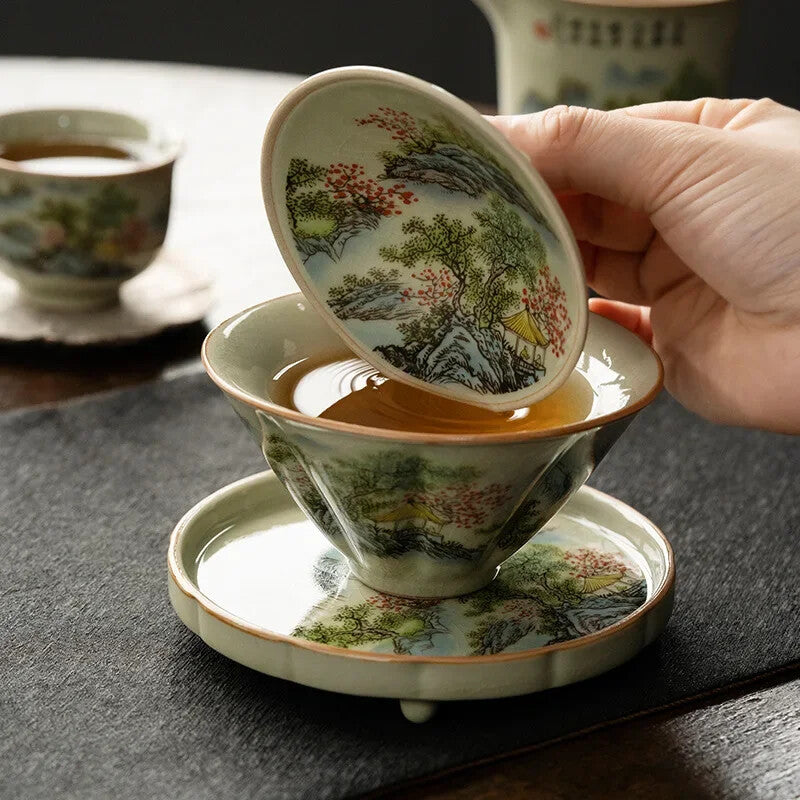JingdezhenCeramic Tea Cup Bamboo Hat Traditional Handmade Tea Ware Sancai Gaiwan