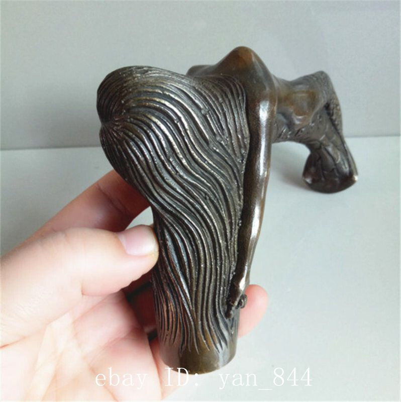 Collect Old Brass Auspicious Hand Carved Mermaid Statue Walking Stick Cane Head