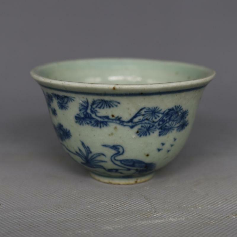 3.15 Inch Chinese Ming Blue and White Porcelain Deer Crane Design Teacup Cup