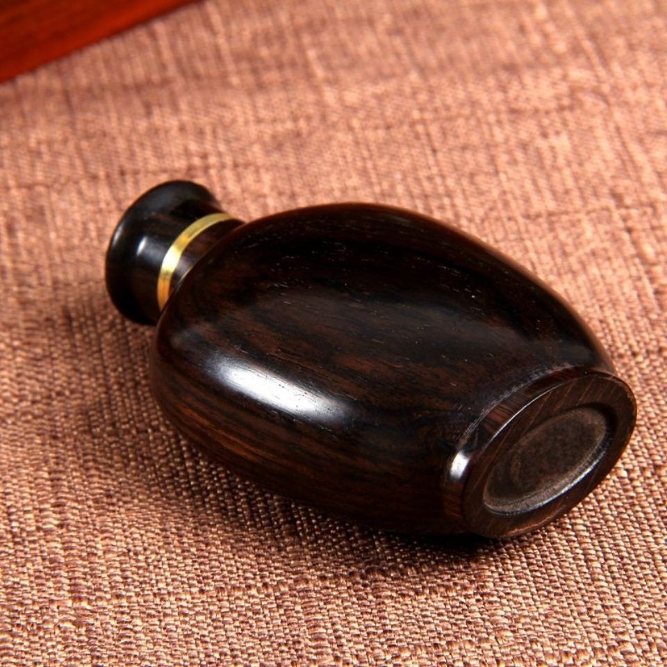 African Ebony Snuff Bottle 6.5cm Agate Inlaid Inside Painted Wooden Hand Piece