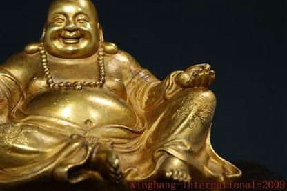 8.8"Old China Xuande Marked Bronze Gilt Happy Laugh Maitreya Buddha Statue
