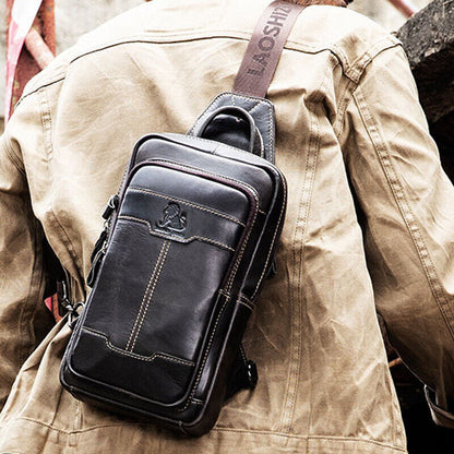 100% Genuine Leather Men's Chest Bag Vintage Crossbody Bag Sling Backpack Hiking