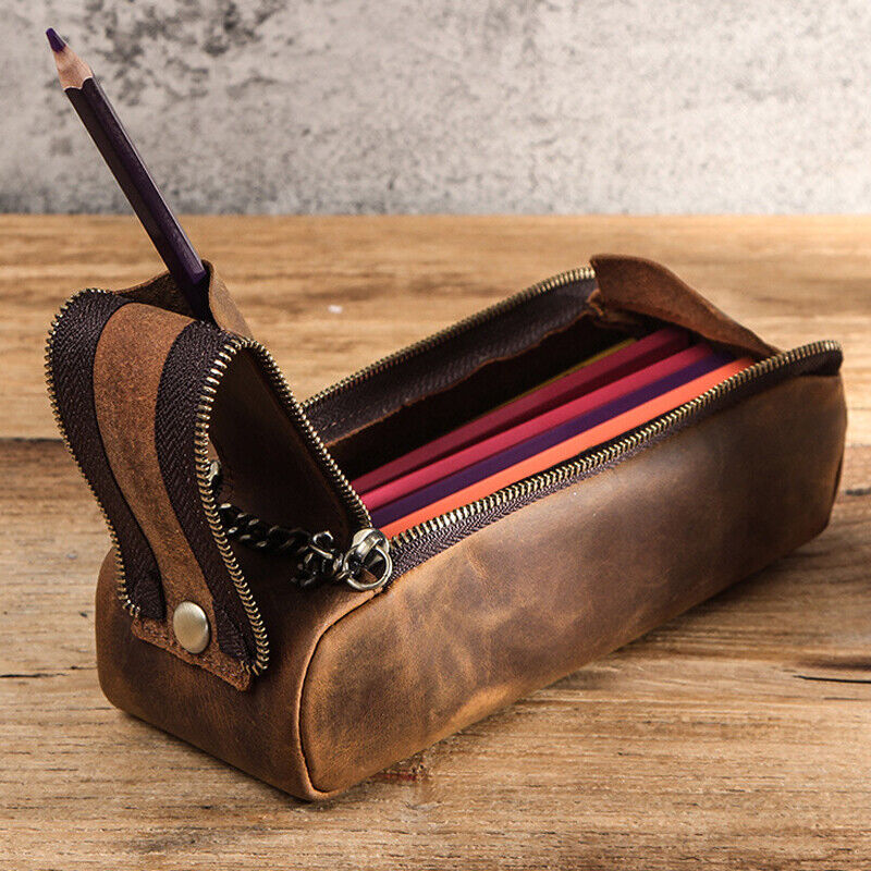 Handmade Cowhide Leather Pen Pouch Zipper Pencil Case Stationery Storage Pen Bag