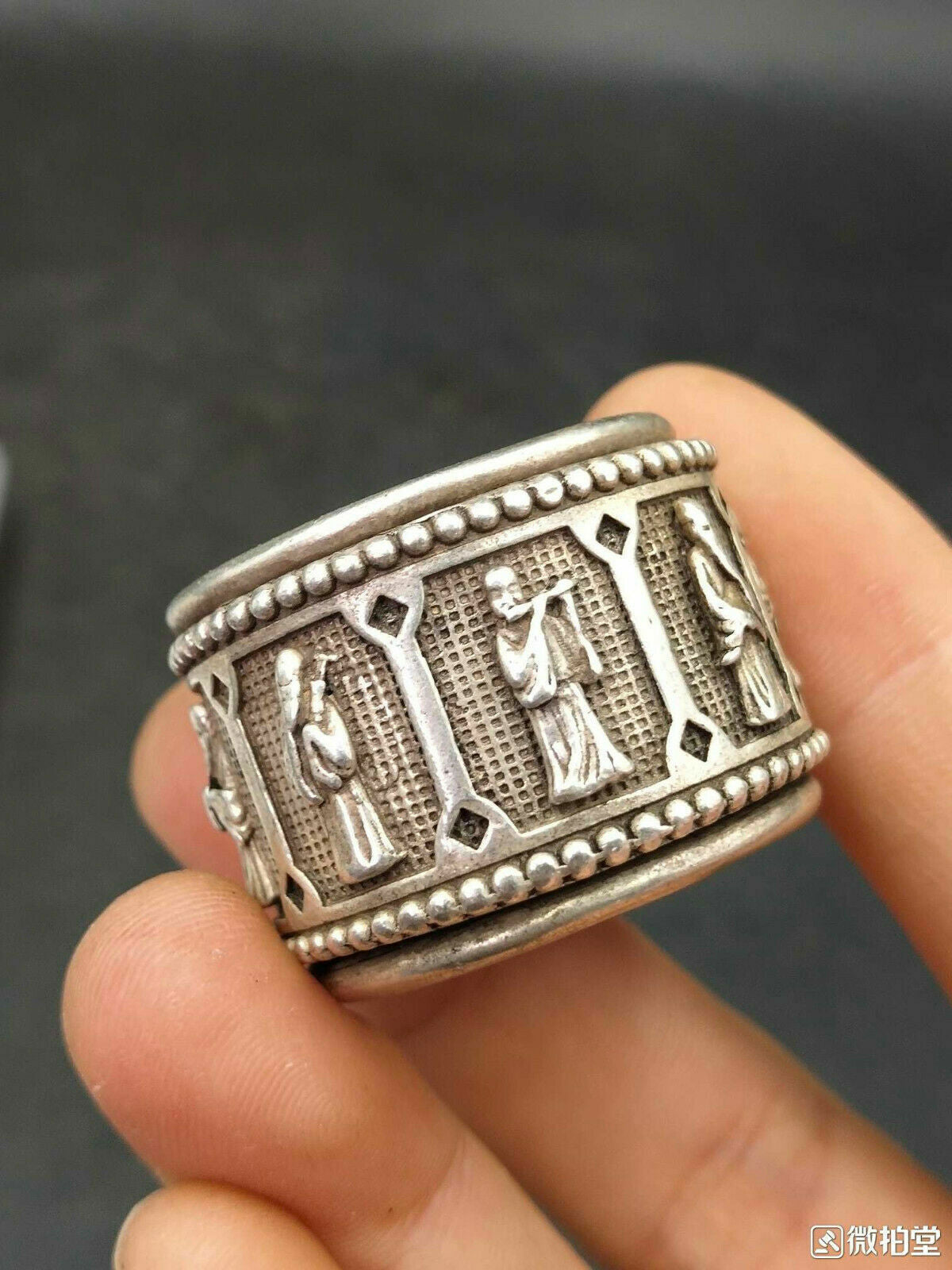 Chinese Old Tibetan Silver hand-carved Eight Immortals Ring