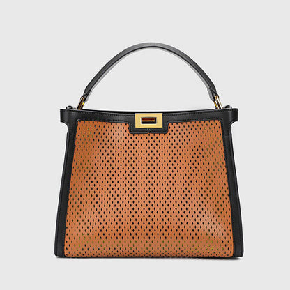 Trapezoid Perforated Real Leather Shoulder Bag Tote Handbag Purse Briefcase