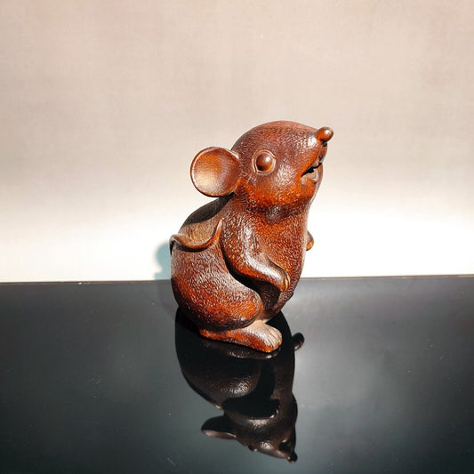 vintage wooden ornament carving Mouse statue Animal figurine home decor Gift