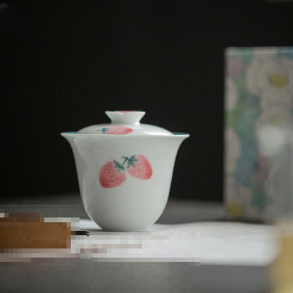 Hand-painted Strawberry Gaiwan Pink Tea Tureen Chinese Tea Brewing Cover Bowl