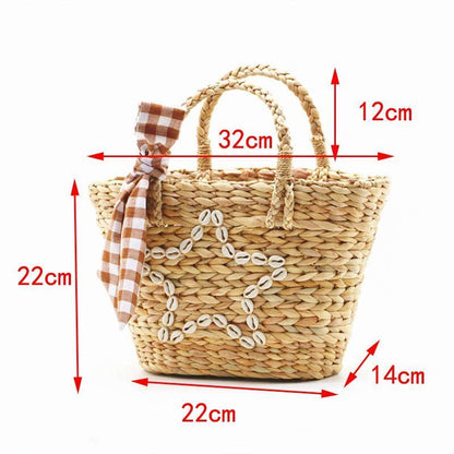 Straw Bag Natural Corns Shell Rattan Knitting Scarf Shoulder Woven Beach Handbag
