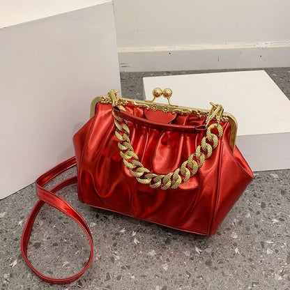 Shoulder Bag Pleated Bag Thick Chain Clip Handbags Satchel Leather Crossbody Bag
