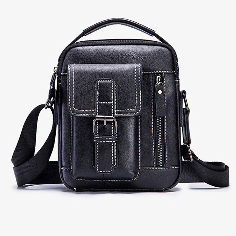 100% Genuine Leather Men's Black Sling Shoulder Bag Crossbody Bag 8 inch Handbag