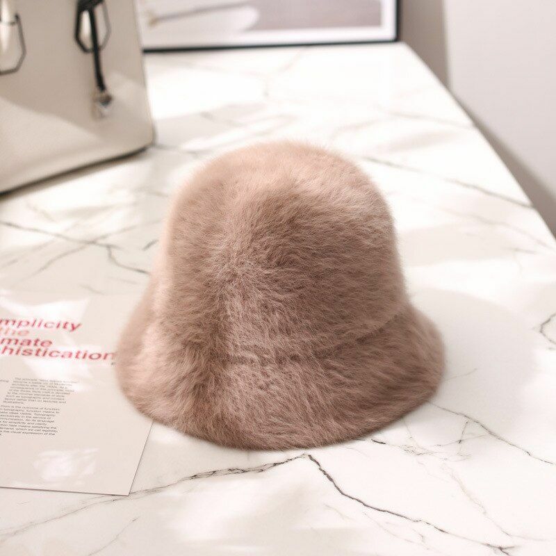 Hat Winter Women Solid Color Rabbit Fur Bucket Cap Fisherman Retro Knitted Wool