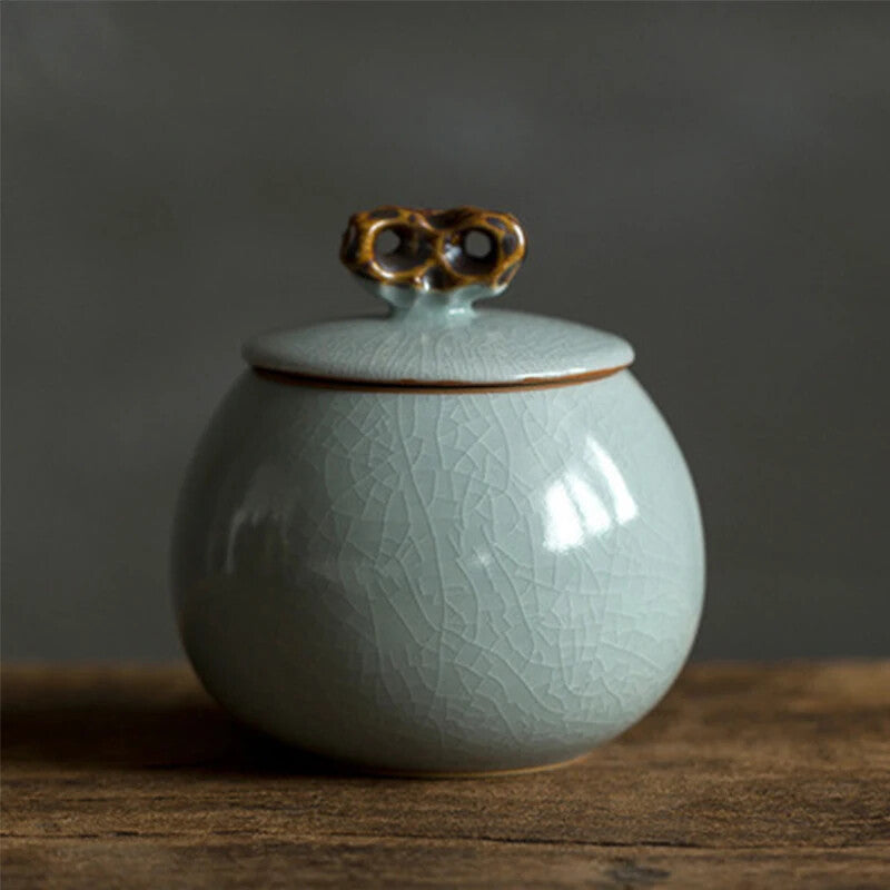 1pc 3.54" Chinese Ceramic Tea Caddy Sealed Ru Kiln Tea Storage Tank Tea Set Gift