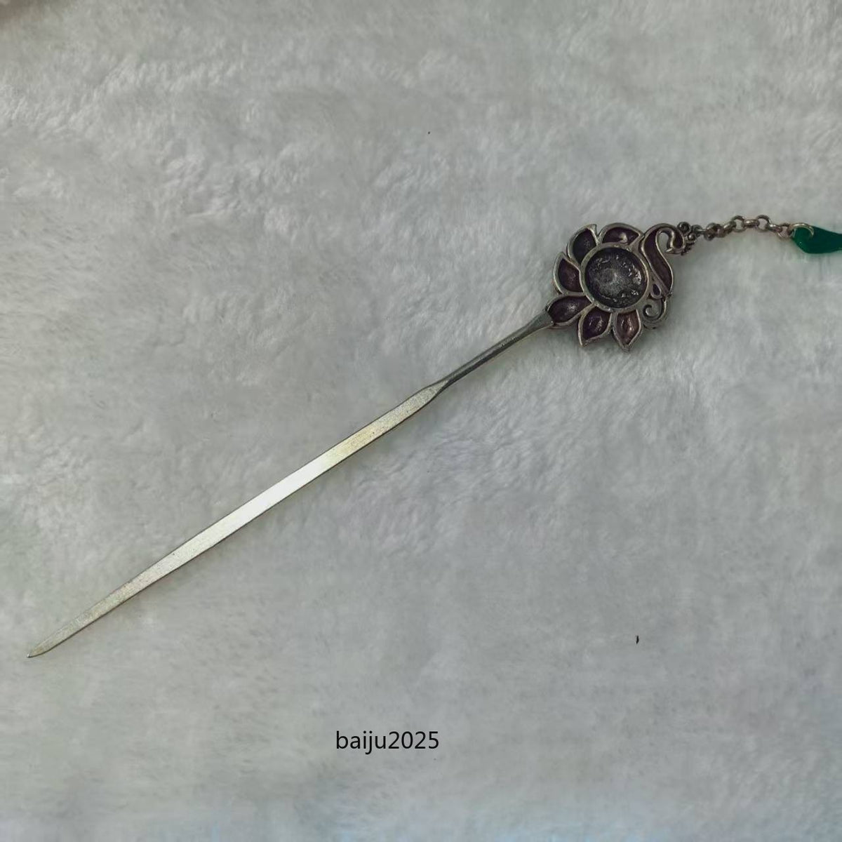 Green Jade Inlaid Old Tibetan Silver Hairpin,Chinese Old Craft Made A