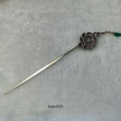 Green Jade Inlaid Old Tibetan Silver Hairpin,Chinese Old Craft Made A
