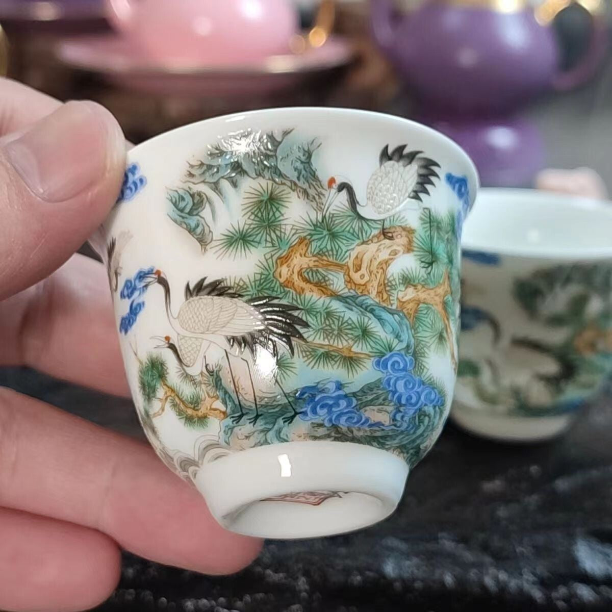 chinese jingdezhen porcelain enamel color tea cup ：crane