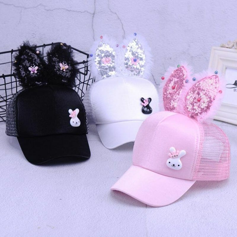 Baby Hats Spring Summer Girl Baseball Caps Glitter Rabbit Ear Pearl Sun Children