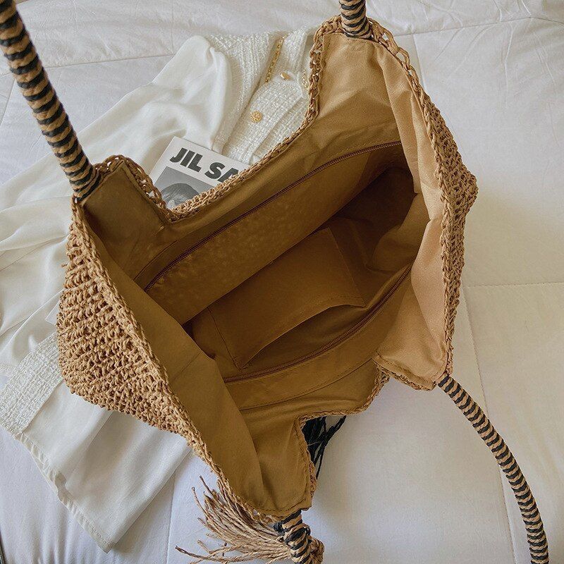 Straw Weave Tassel Beach Bag Large Fashion Shoulder Bag Handbag Purse 43*40*4 CM