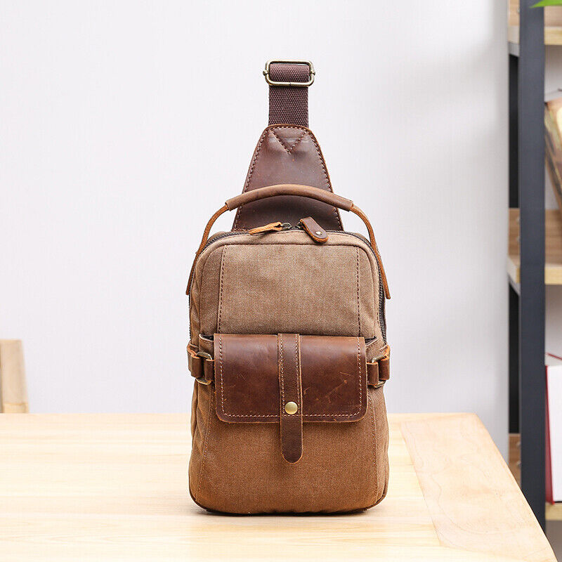 Canvas Real Leather Sling Bag One Strap Backpack Rucksack Chest Pack Vintage