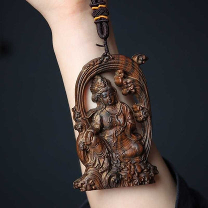 Agarwood Carved Guanyin Pendant Necklace Handheld Buddhist Amulet