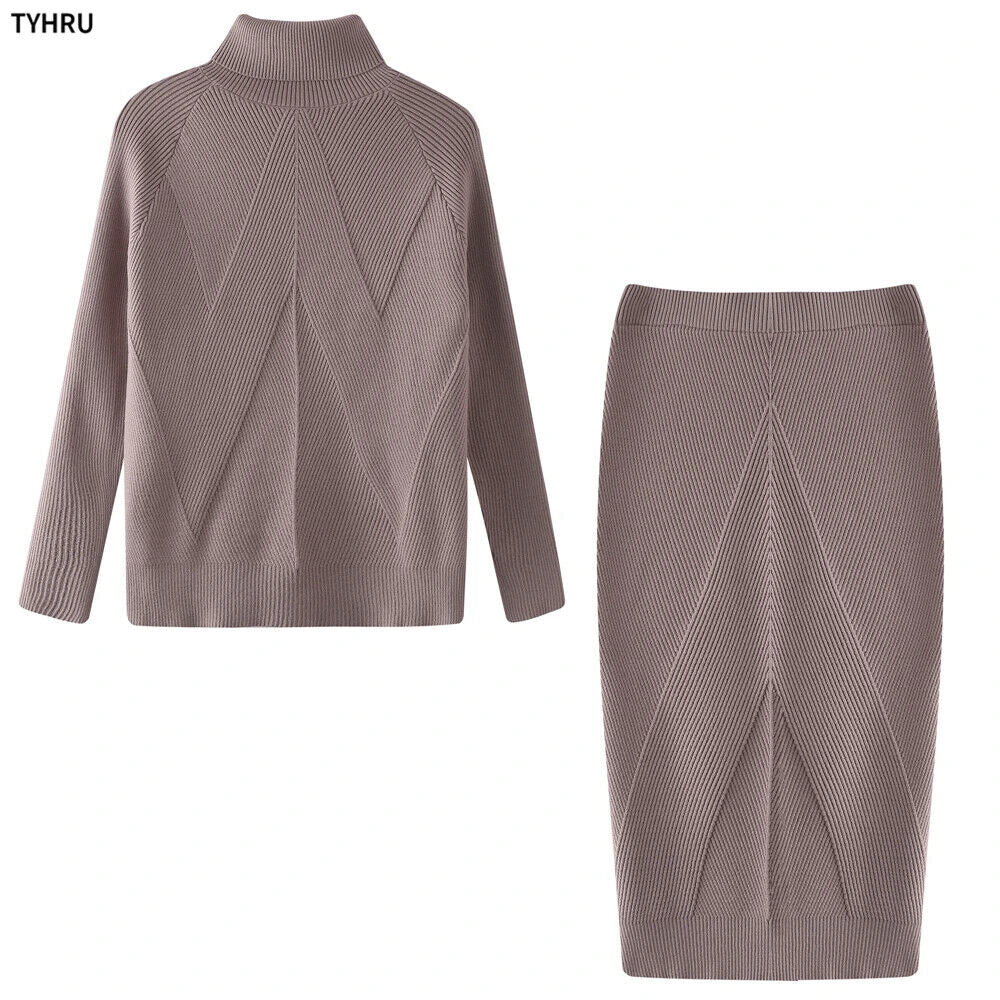 Autumn Women's Turtleneck Pullover Sweater + Slim Skirt Two-Piece Set