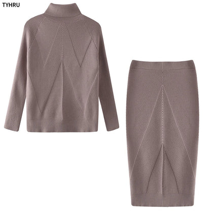 Autumn Women's Turtleneck Pullover Sweater + Slim Skirt Two-Piece Set