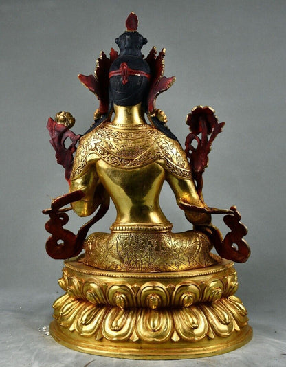 10" Antique Tibetan Buddhism Temple Bronze Gilt Amitabha Longevity Buddha Statue