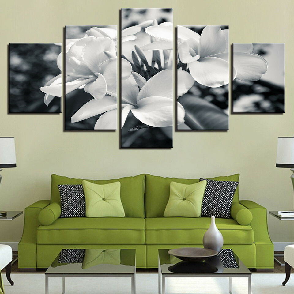 Black And White Flower Plumeria Canvas Prints Painting Wall Art Home Decor 5PCS