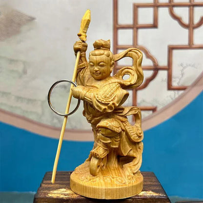 Cliff Cypress Wood Nezha Mythical Figure Statue Solid Wood Carving Home Decor