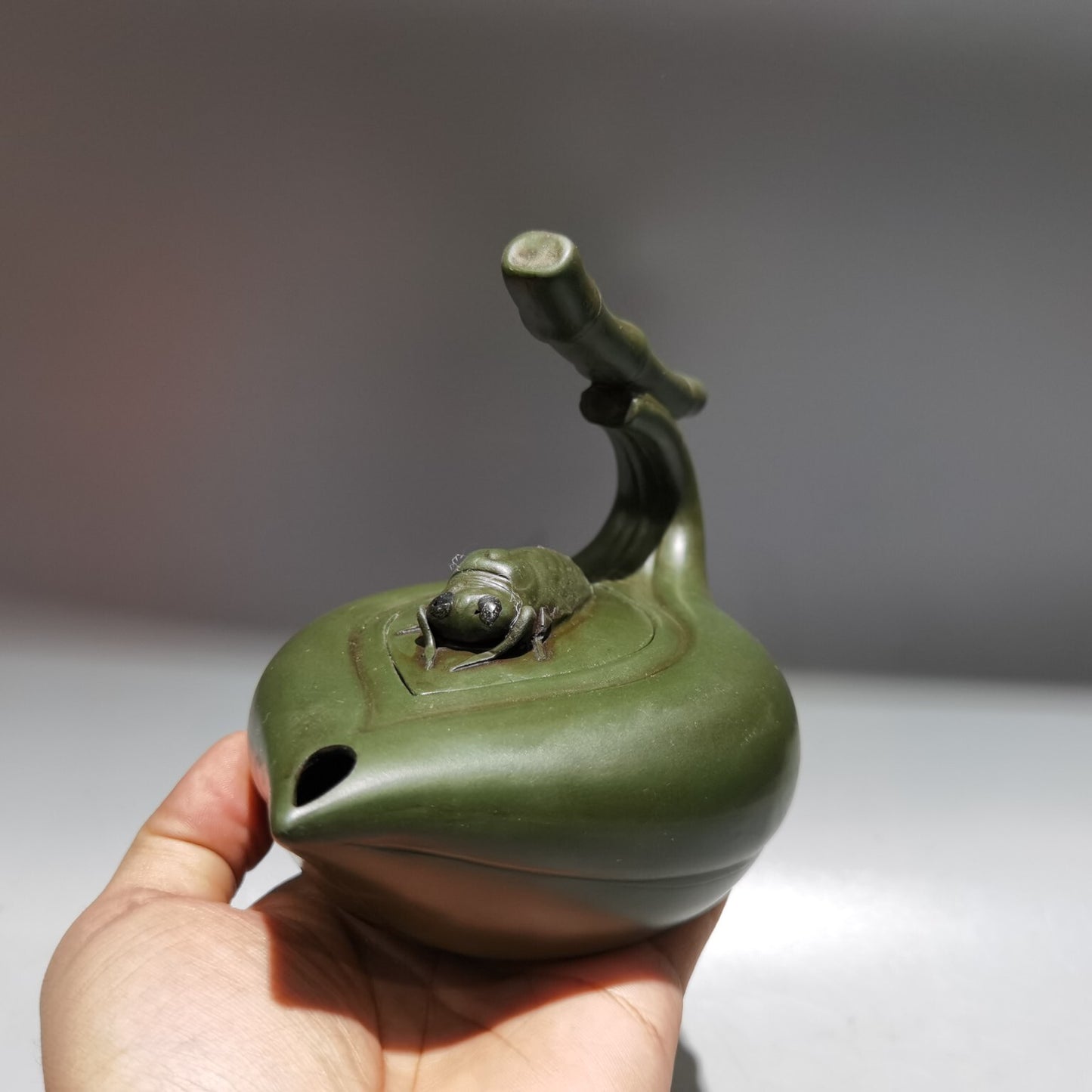 6.2"chinese Yixing Zisha Pottery Green Clay 280cc Hand Made Bamboo Cicada Teapot