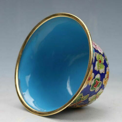 7.08" CHINESE CLOISONNE HAND-PAINTED FLOWER TEACUP BOUTIQUE COLLECT GIFT DECOR