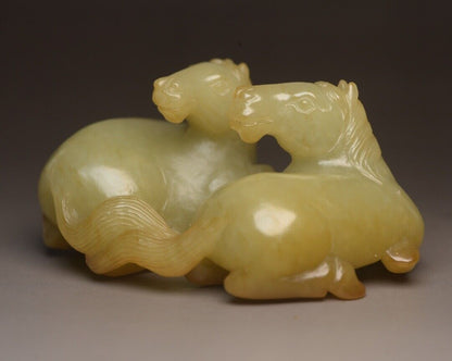 Chinese Natural Hetian Jade Carving Exquisite Pair Horse Statue Collectible Art