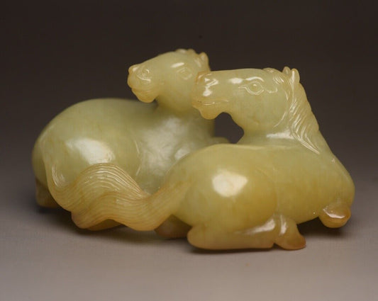 Chinese Natural Hetian Jade Carving Exquisite Pair Horse Statue Collectible Art