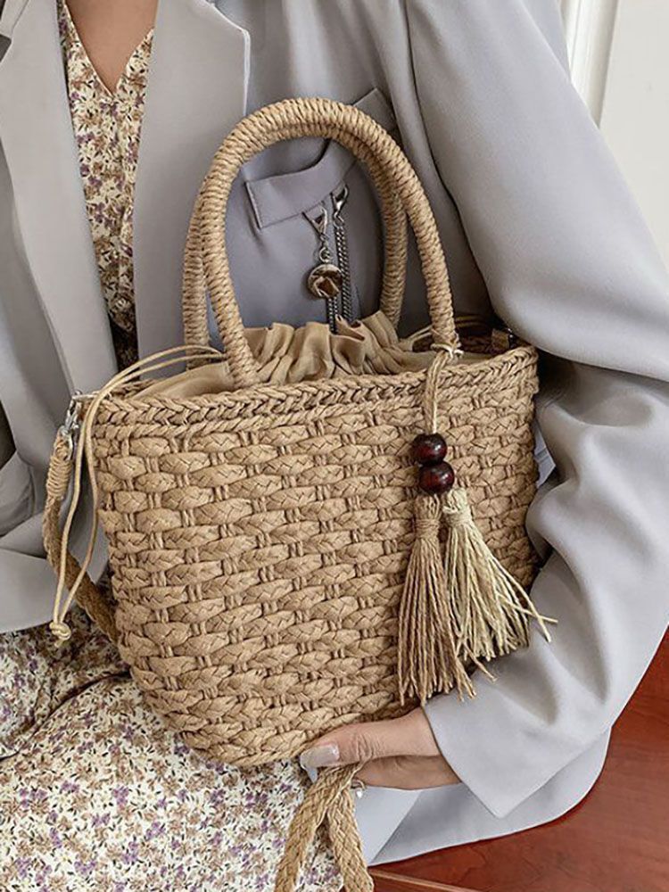 Summer Straw Shoulder Bag Pearl Tassel Weaving Vintage Large Handbag Shopper Bag