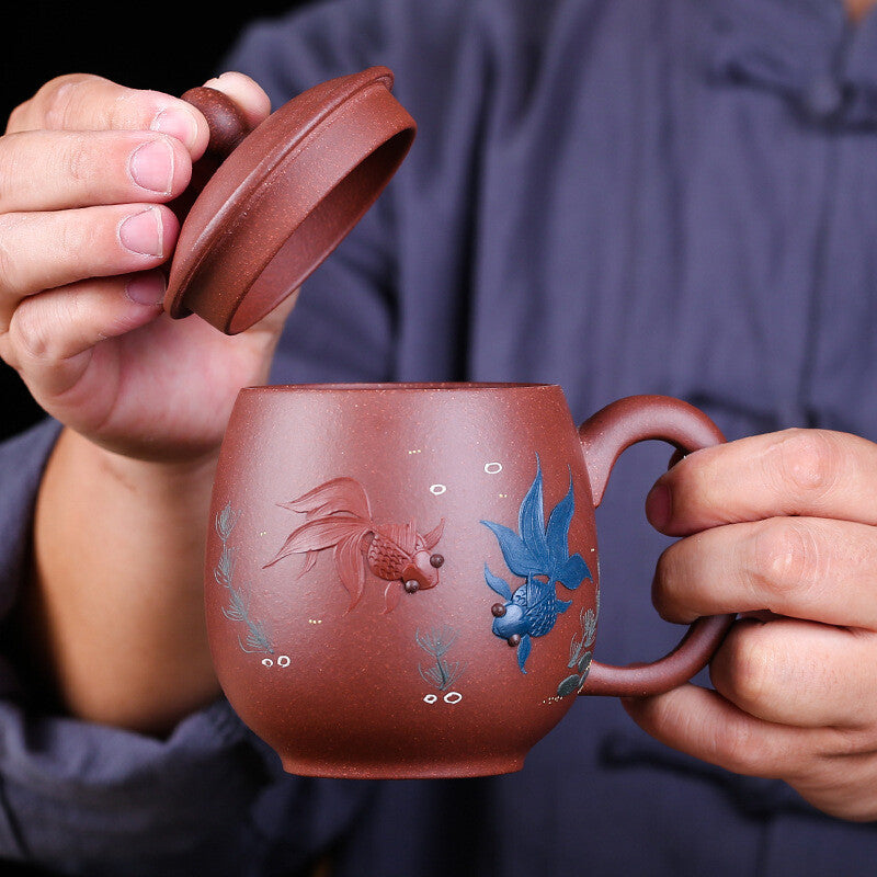 one cup with lid handle real yixing zisha mug handmade golden fish relief 280ml