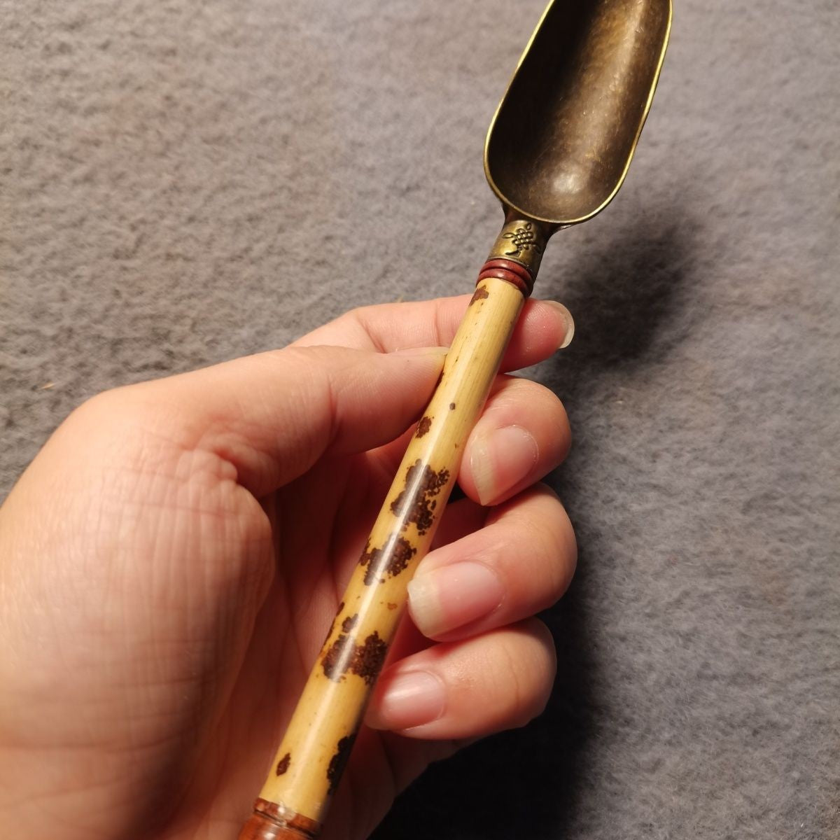 Vintage Xiangfei Bamboo Tea Scoop Brass Ceremony Accessory Spotted Bamboo