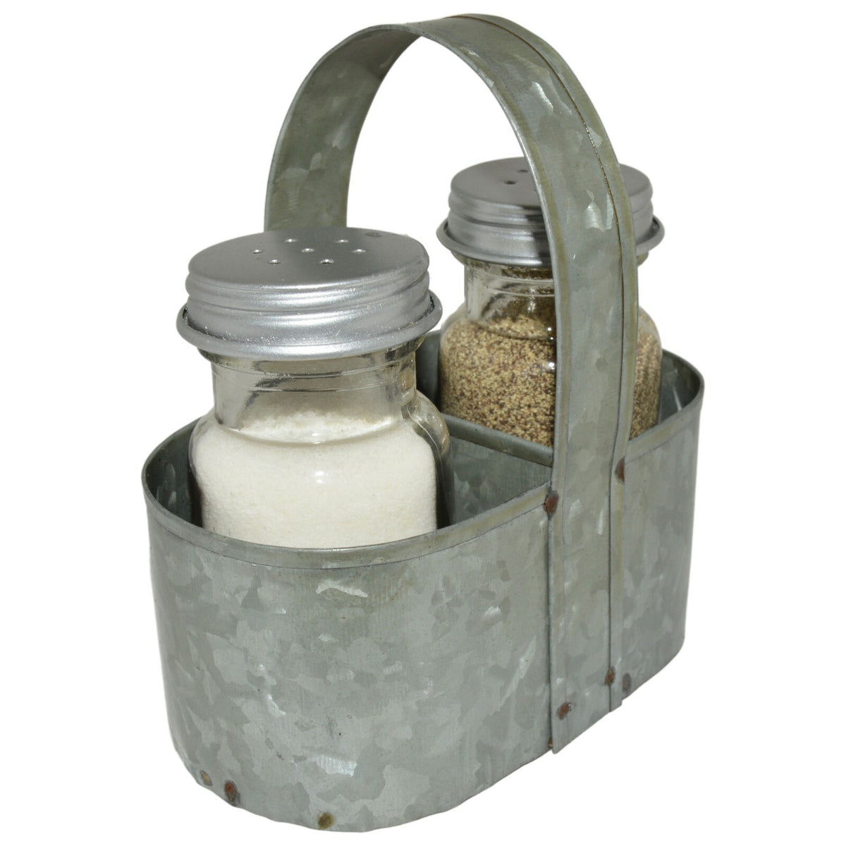 Farmhouse Salt & Pepper Shakers with Caddy Set, Galvanized Rustic Vintage Style