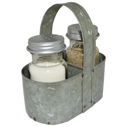 Farmhouse Salt & Pepper Shakers with Caddy Set, Galvanized Rustic Vintage Style