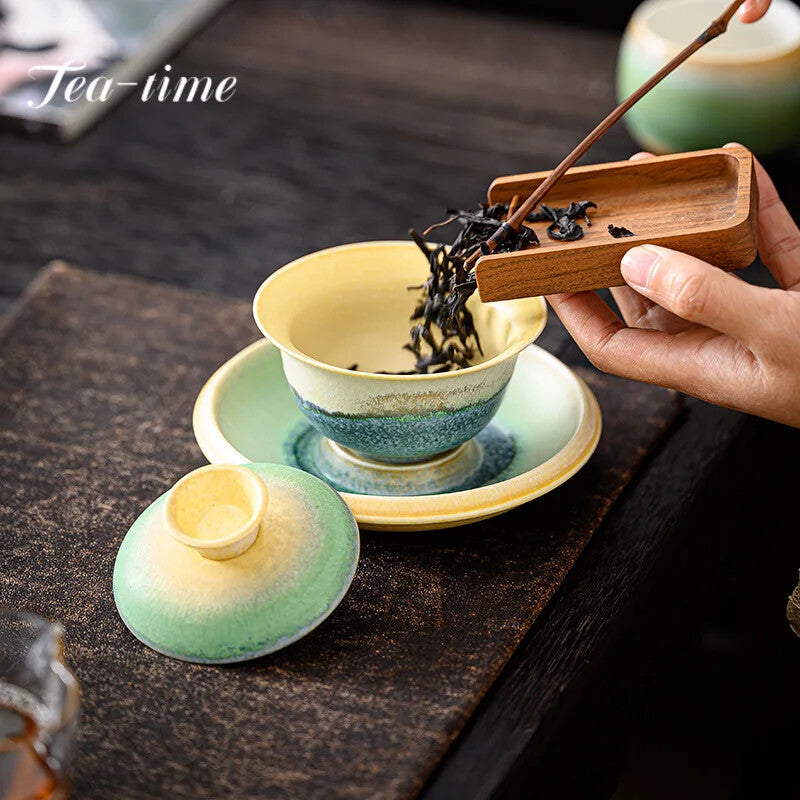 150ml Kiln Change Green Hill Ceramic Gaiwan Tea Set Tea Bowl Saucer Tea Tureen