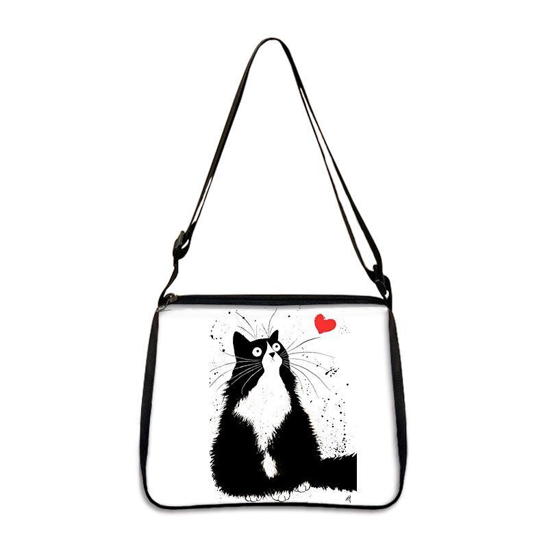 Customized Shoulder Bag Cute Black White Cat Printing Handbag Purse Storage Bag
