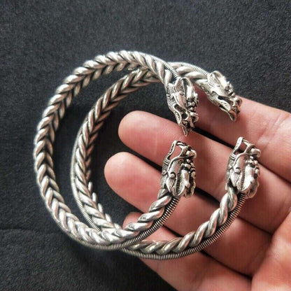 Chinese old Tibet Silver handcarved Dragon head pattern bracelet