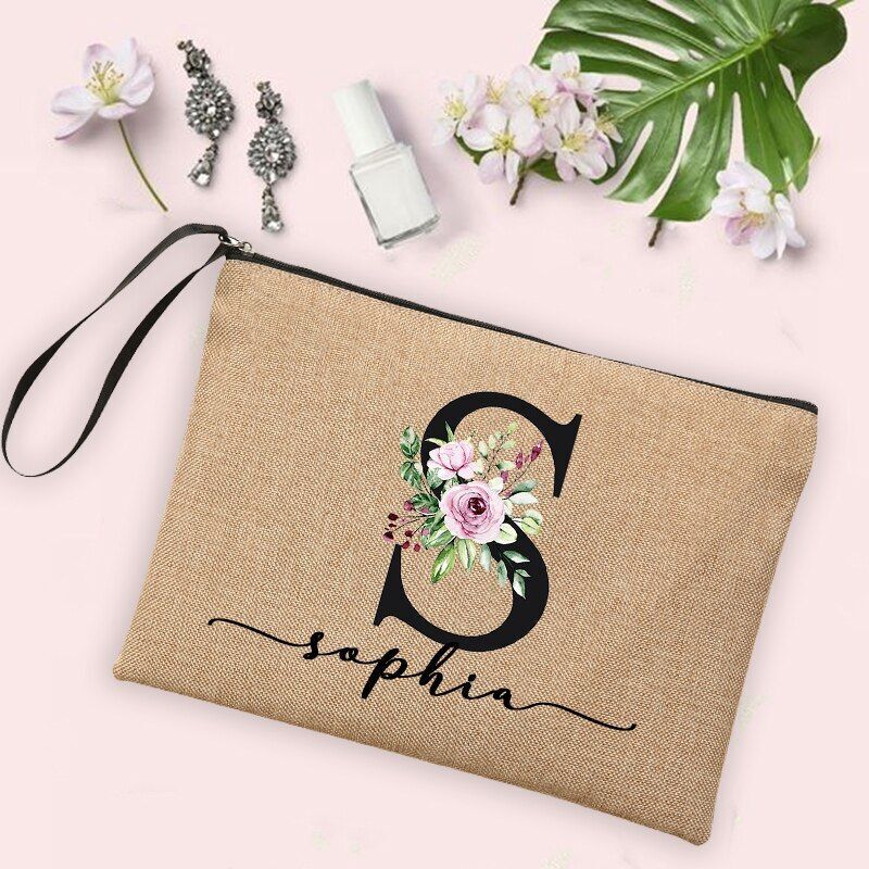 Flower Initial Cosmetic Bag Women Makeup Bag Linen Zipper Pouch Travel Organizer