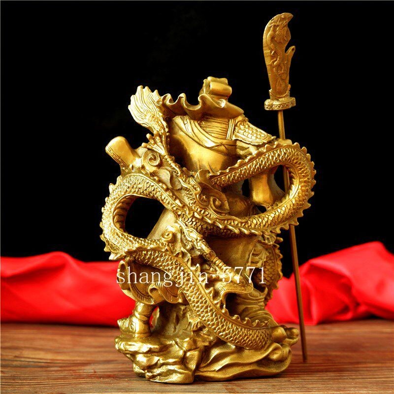 Bronze Brass Guangong Guan Gong Yu Warrior God on Dragon Wealth Statue
